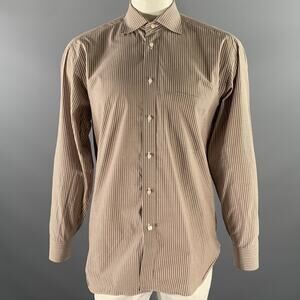 BORRELLI Size L Brown White Stripe Cotton Long Sleeve Shirt
